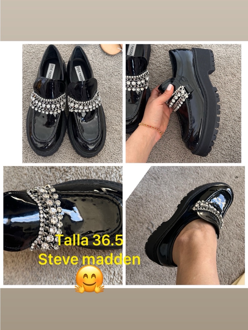 Steve Madden Black Patent Loafers with Rhinestone Chain